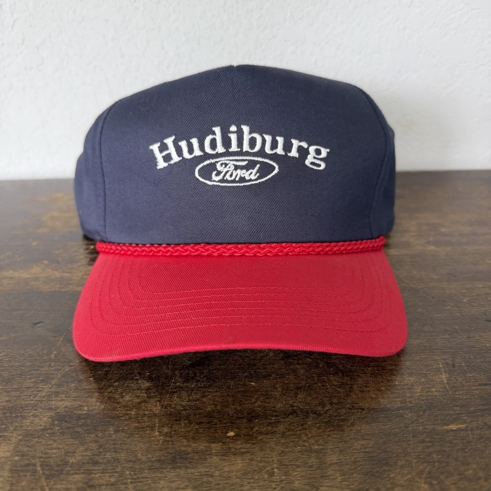 Vintage Hudiburg Ford Trucker Hat Snapback Navy Blue Red Rope Cap 80s 90s
